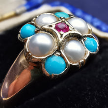 Load image into Gallery viewer, Victorian 15ct Gold Turquoise, Pearl & Ruby Ring