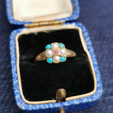 Load image into Gallery viewer, Victorian 15ct Gold Turquoise, Pearl & Ruby Ring