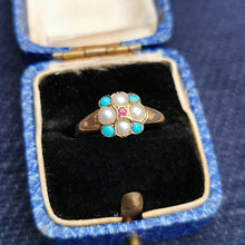 Load image into Gallery viewer, Victorian 15ct Gold Turquoise, Pearl & Ruby Ring