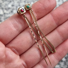 Load image into Gallery viewer, Antique Pair of 9ct Gold Turquoise & Garnet Stick Pins in hand