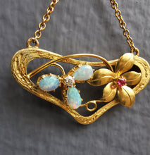 Load image into Gallery viewer, Art Nouveau 15ct Gold Opal, Ruby & Diamond Pendant
