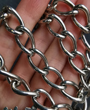 Load image into Gallery viewer, A silver Albert watch chain with large oval links, two lobster clasps, a T-bar and a shield shaped fob medal
