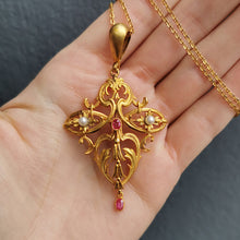 Load image into Gallery viewer, Art Nouveau Gold, Ruby & Pearl Pendant with Chain
