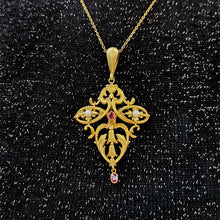 Load image into Gallery viewer, Art Nouveau Gold, Ruby & Pearl Pendant with Chain