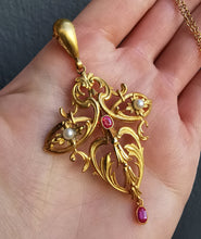 Load image into Gallery viewer, Art Nouveau Gold, Ruby & Pearl Pendant with Chain