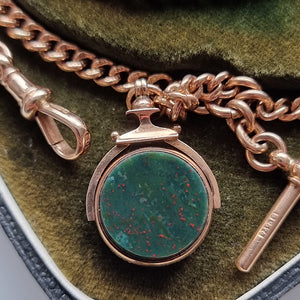 Art Deco 9ct Rose Gold Albert Chain with Swivel Fob bloodstone