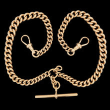 Load image into Gallery viewer, A rose gold curb link double Albert chain with T-bar, on a black background
