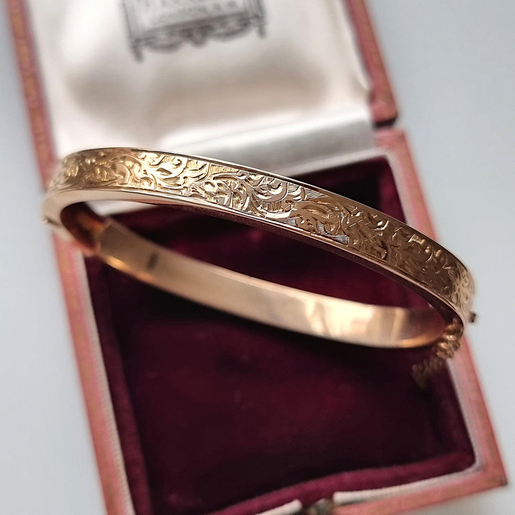Edwardian 9ct Rose Gold Engraved Bangle, Hallmarked Chester 1906 front