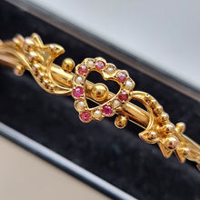 Load image into Gallery viewer, Antique 9ct Gold Ruby and Seed Pearl Heart Bangle close up
