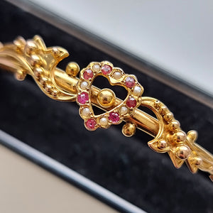 Antique 9ct Gold Ruby and Seed Pearl Heart Bangle close up