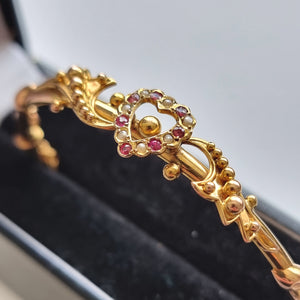 Antique 9ct Gold Ruby and Seed Pearl Heart Bangle detail