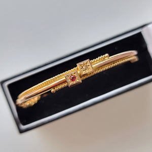 Victorian 9ct Gold Ruby and Diamond Bangle, Hallmarked Chester 1900 in box