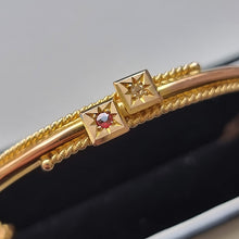 Load image into Gallery viewer, Victorian 9ct Gold Ruby and Diamond Bangle, Hallmarked Chester 1900 close up
