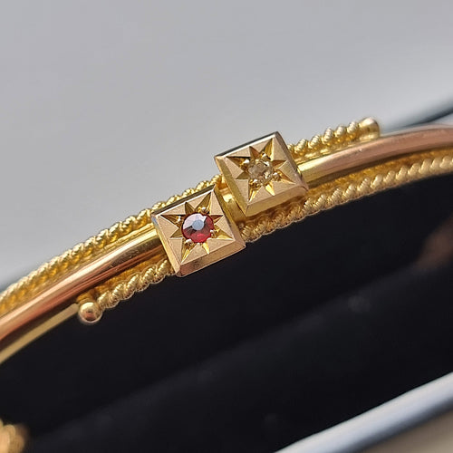 Victorian 9ct Gold Ruby and Diamond Bangle, Hallmarked Chester 1900 close up