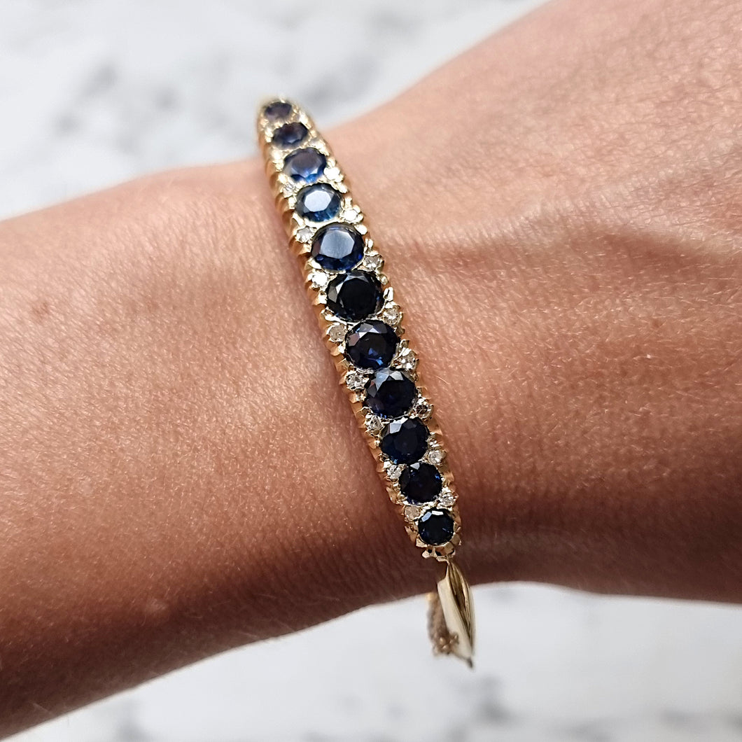 Antique 18ct Yellow Gold Sapphire and Diamond Hinged Bangle