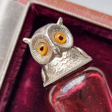 Load image into Gallery viewer, Antique Sampson Mordan Sterling Silver Owl Glass Scent Bottle close up
