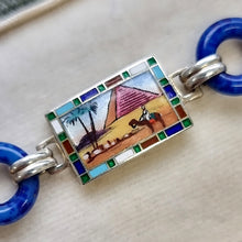 Load image into Gallery viewer, Art Deco Egyptian Revival Silver and Enamel Souvenir Bracelet panel with camel rider in desert
