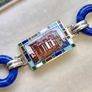 Art Deco Egyptian Revival Silver and Enamel Souvenir Bracelet panel with building