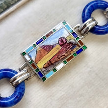Load image into Gallery viewer, Art Deco Egyptian Revival Silver and Enamel Souvenir Bracelet panel with sphinx in desert
