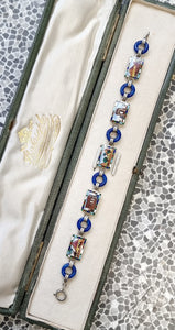 Art Deco Egyptian Revival Silver and Enamel Souvenir Bracelet in box, front