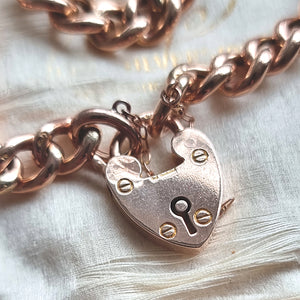 Edwardian 9ct Rose Gold Bracelet with Heart Padlock, Hallmarked Chester 1905 front of padlock