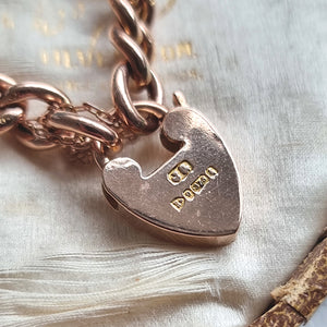 Edwardian 9ct Rose Gold Bracelet with Heart Padlock, Hallmarked Chester 1905 back of padlock with hallmark