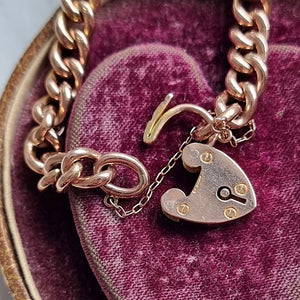 Edwardian 9ct Rose Gold Bracelet with Heart Padlock, Hallmarked Chester 1905 open padlock