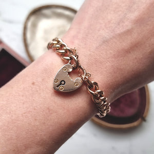 Edwardian 9ct Rose Gold Bracelet with Heart Padlock, Hallmarked Chester 1905 modelled