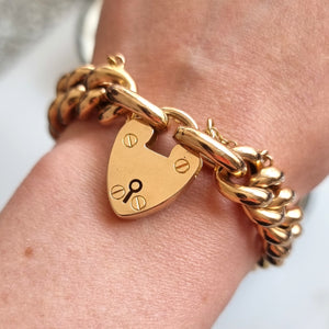 Antique 15ct Yellow Gold Curb Bracelet with Heart Padlock modelled