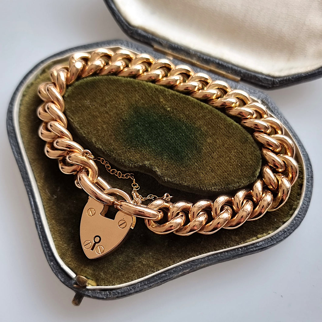 Antique 15ct Yellow Gold Curb Bracelet with Heart Padlock in box