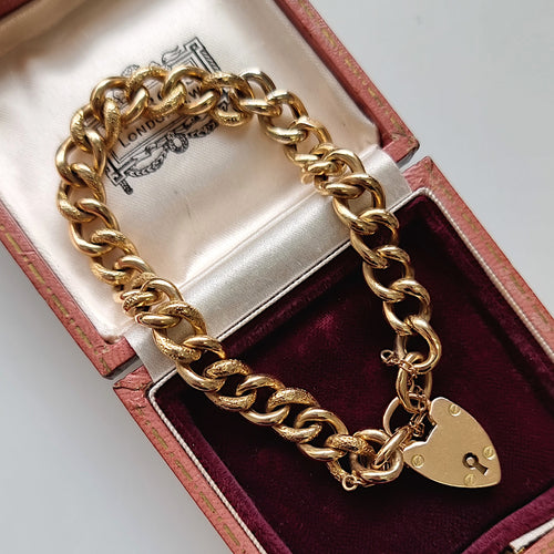 Antique 9ct Gold Night & Day Curb Bracelet with Heart Padlock in box