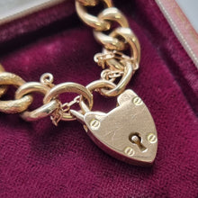 Load image into Gallery viewer, Antique 9ct Gold Night &amp; Day Curb Bracelet with Heart Padlock close-up
