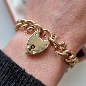 Antique 9ct Gold Night & Day Curb Bracelet with Heart Padlock modelled