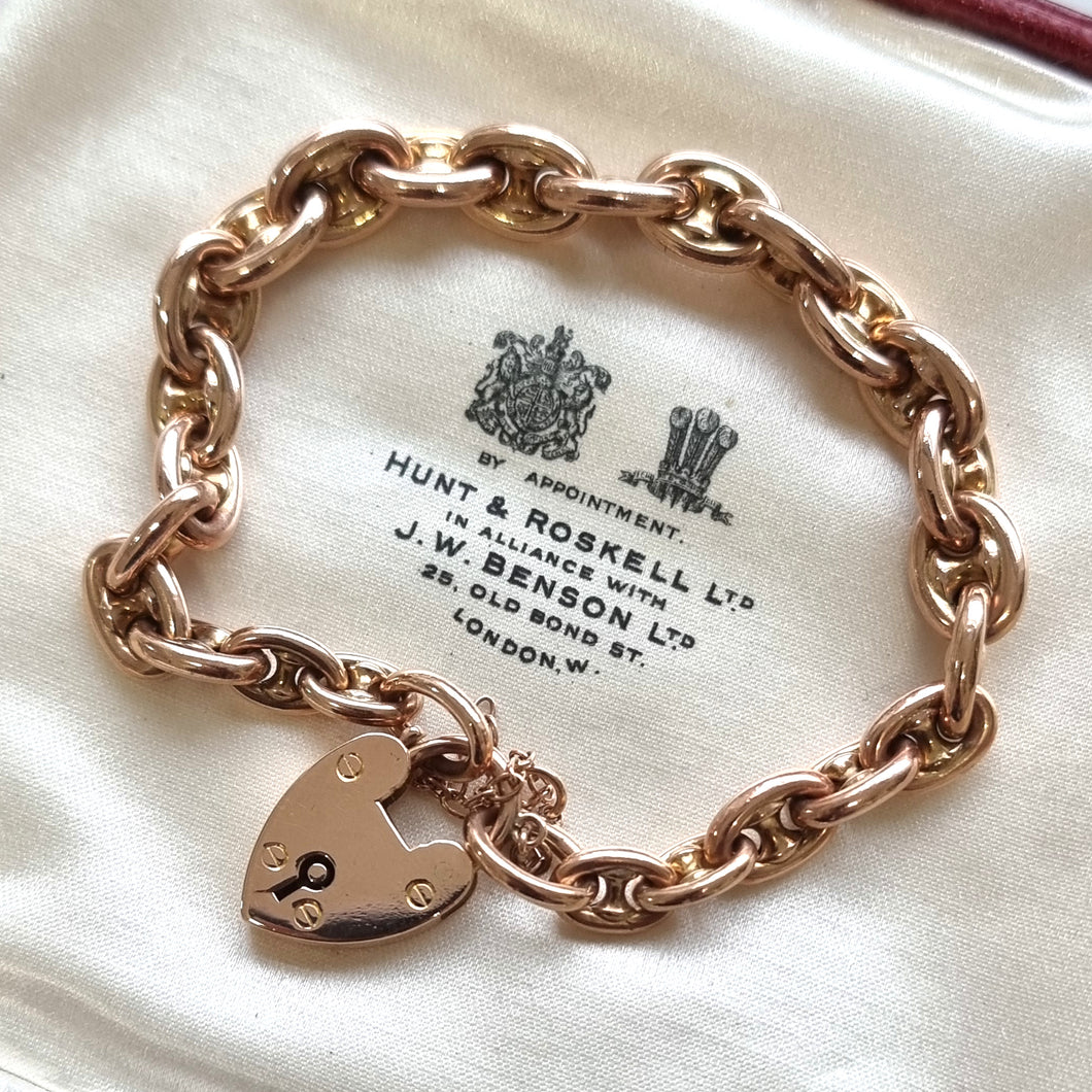 Edwardian 9ct Rose Gold Bracelet with Heart Padlock in box