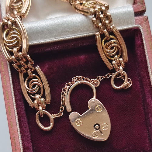 Vintage 9ct Rose Gold Fancy Bracelet with Heart Padlock