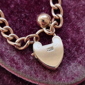 Edwardian 9ct Rose Gold Curb Link Bracelet with Heart Padlock & Ball Charm stamp on back of padlock