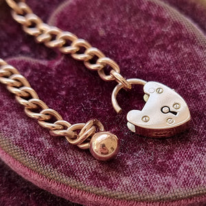 Edwardian 9ct Rose Gold Curb Link Bracelet with Heart Padlock & Ball Charm open heart padlock