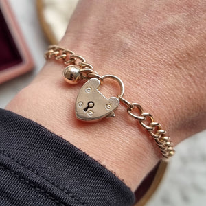 Edwardian 9ct Rose Gold Curb Link Bracelet with Heart Padlock & Ball Charm modelled