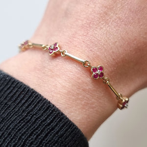 Vintage 9ct Gold Ruby and Diamond Cluster Bracelet modelled