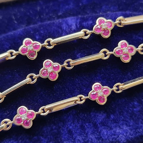 Vintage 9ct Gold Ruby and Diamond Cluster Bracelet close-up