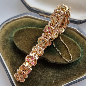 Antique/Vintage 15ct Yellow Gold Emerald, Ruby and Diamond Bracelet in box