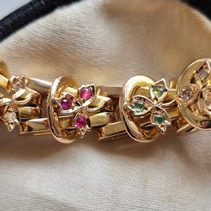 Antique/Vintage 15ct Yellow Gold Emerald, Ruby and Diamond Bracelet detail of links