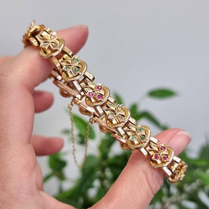 Antique/Vintage 15ct Yellow Gold Emerald, Ruby and Diamond Bracelet in hand