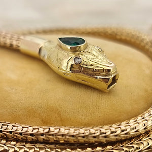 Victorian 15ct Gold Emerald and Diamond Snake Wrap Bracelet close-up of mouth