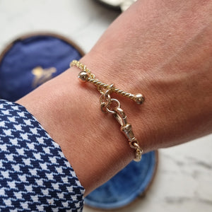 Antique 9ct Yellow Gold Fancy Rope Bracelet with T-Bar modelled on the wrist
