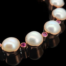 Load image into Gallery viewer, Close-up of a pearl and ruby bracelet in rose gold, on a black background

