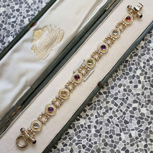 Vintage 14K Gold Cabochon Cut Multi-Gem Bracelet in box