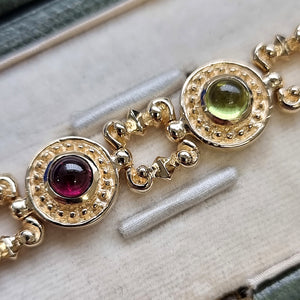 Vintage 14K Gold Cabochon Cut Multi-Gem Bracelet garnet and peridot