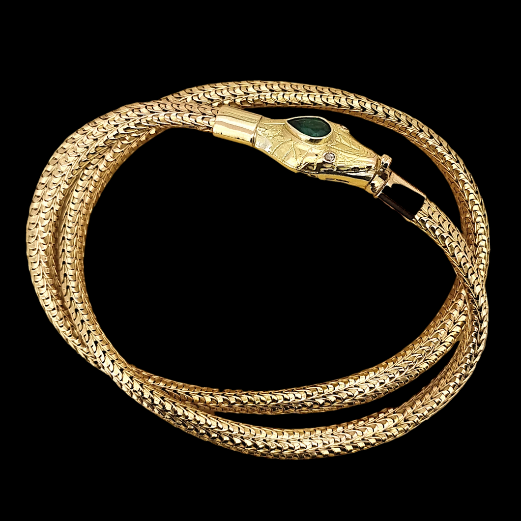 Victorian 15ct Gold Emerald and Diamond Snake Wrap Bracelet