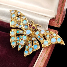 Load image into Gallery viewer, A yellow gold butterfly brooch with opals and ruby eyes, in an antique box
